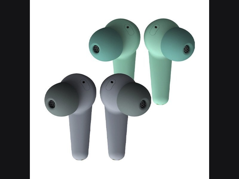 True wireless earbuds in mint green and grey